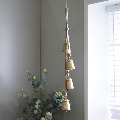 Deco 79 Metal Handmade Tibetan Inspired Decorative Cow Bells with 4 Bells on Jute Hanging Rope, 4" x 3" x 29", Gold