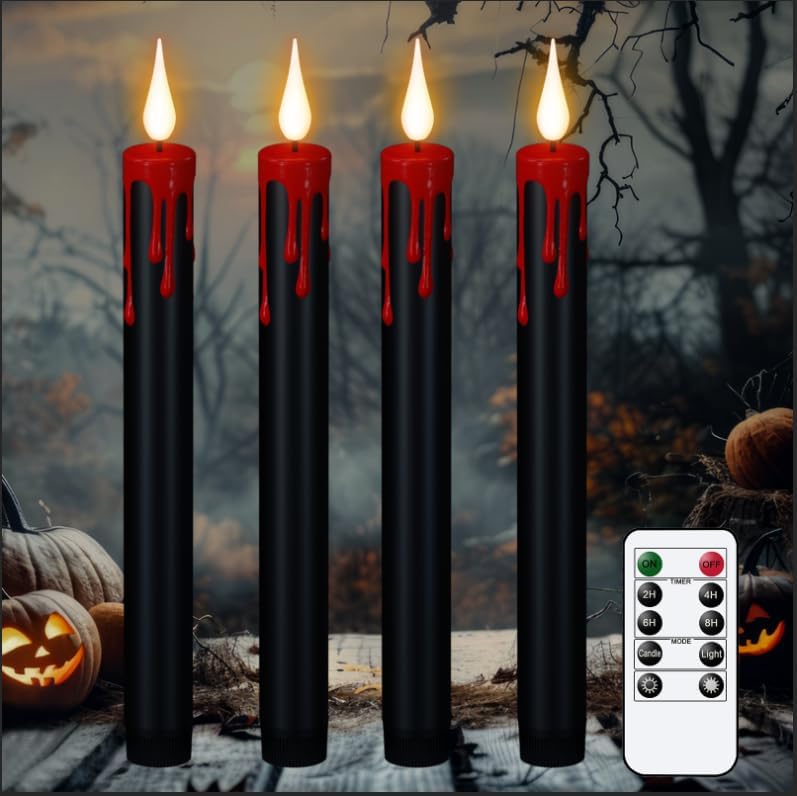 Halloween Black Flameless Taper Candles with Remote Timer, 4 Pcs Red Drip Wax LED Candlesticks with 3D Flickering Flame for Home Fall Indoor Halloween Decor(0.78 x 8.9 Inches)