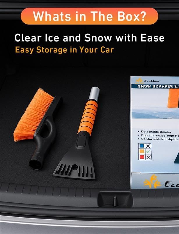 EcoNour 27" Aluminum Snow Brush with Ice Scrapers for Car Windshield and Window | Car Snow Scraper and Brush with Ergonomic Foam Grip Winter Accessories (Orange)