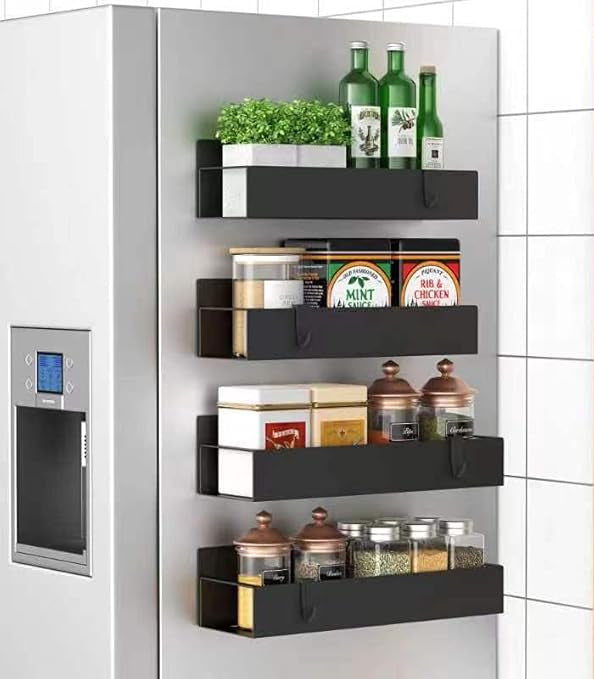 Metal 4 Pack Magnetic Spice Storage Rack Organizer for Refrigerator and Oven, Black Fridge Organizers and Storage