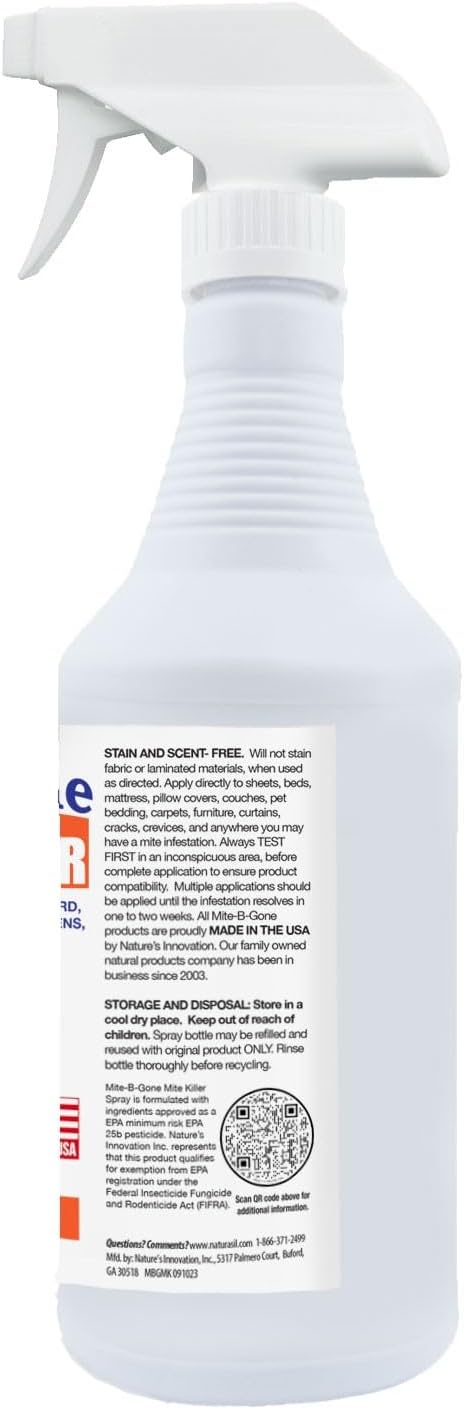 Mite Killer Spray by Mite-B-Gone — Kills Human Mites, Bird, Dust, Spider, Rat, Turkey, Carpet Mites. Treatment for Homes, Furniture, Bedding, Auto & Animals | Non-Toxic | Kid & Pet Safe | 16oz Spray