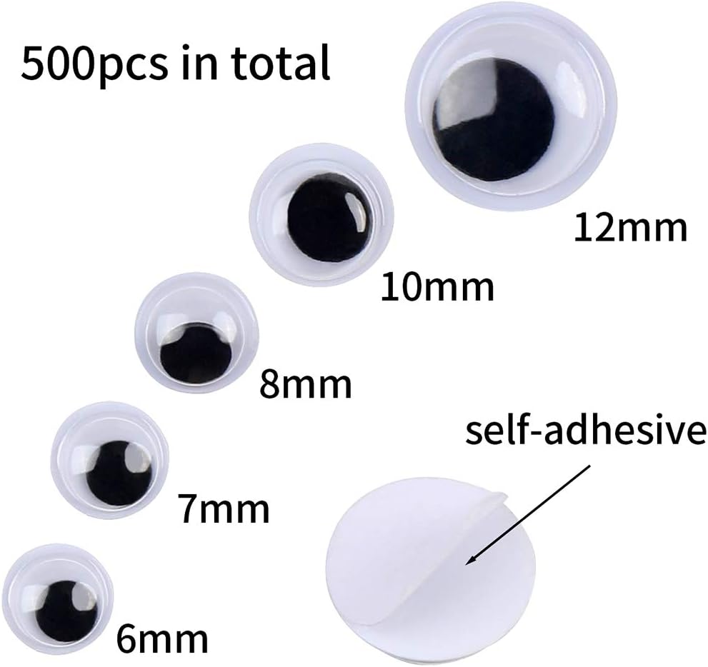 DECORA 500 Pieces 6mm -12mm Black Wiggle Googly Eyes with Self-Adhesive for Crafts Decorations