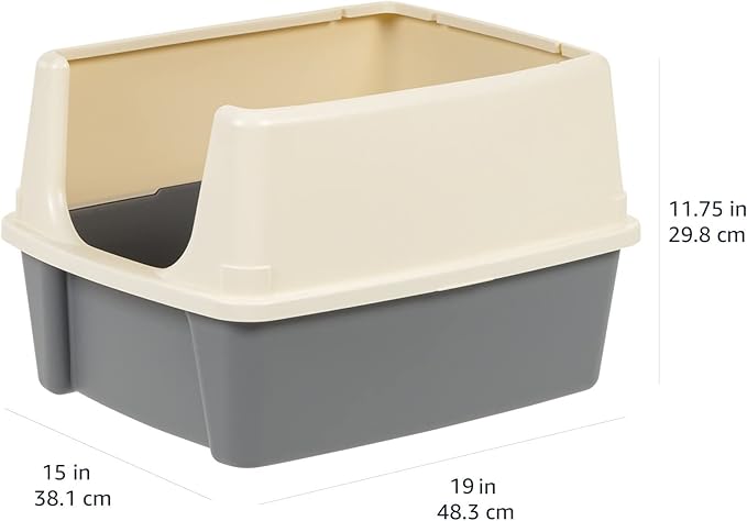 Basics Large Cat Litter Box with High Sides, Open Top, Includes Scoop, 19 x 15 x 11.75 inches, Grey/Beige
