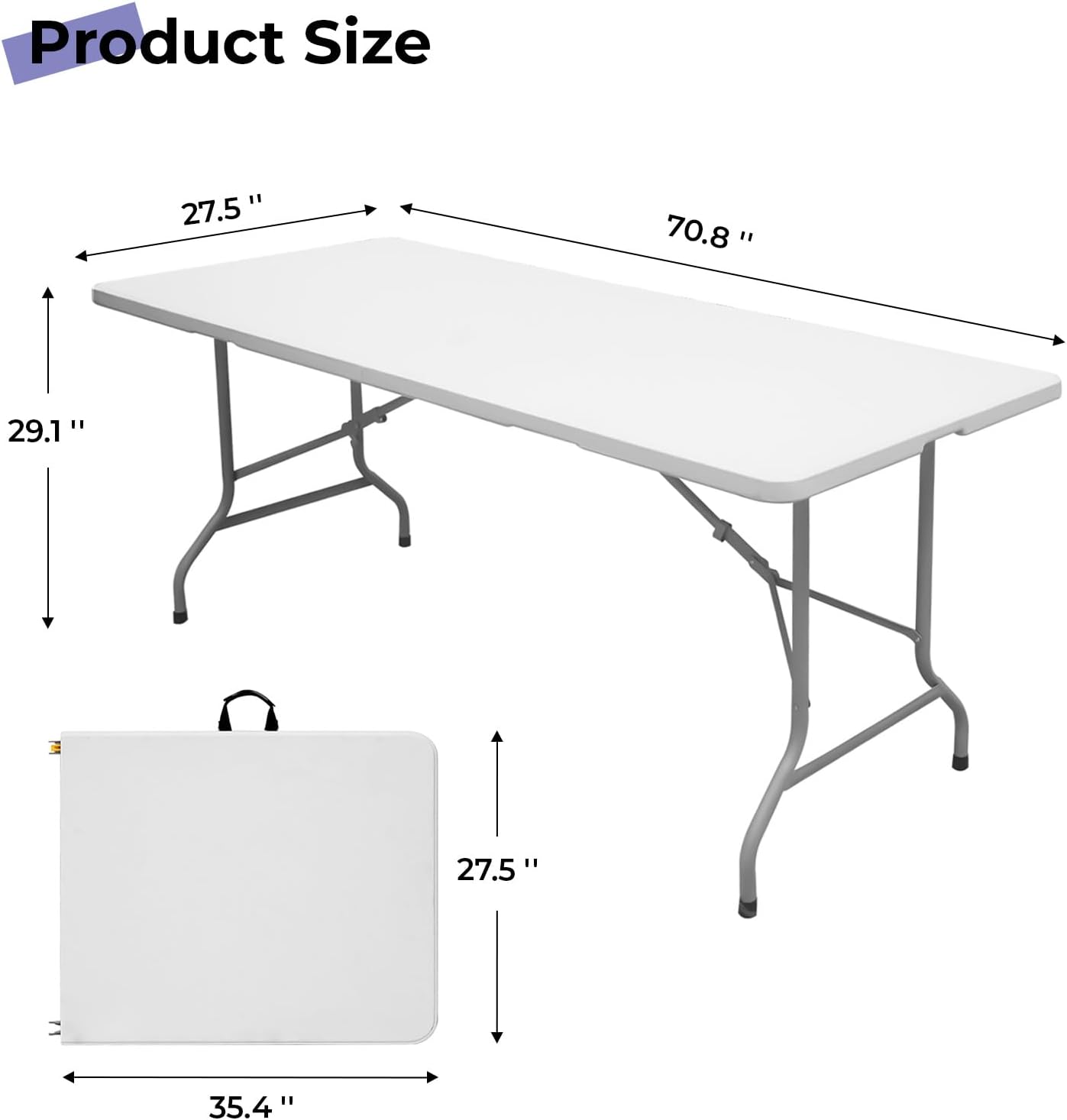Folding Table 6ft Portable Heavy Duty Plastic Fold-in-Half Utility Foldable Table Plastic Dining Indoor Outdoor for Camping, Picnic and Party, White