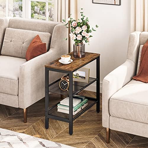 HOOBRO End Table, 3-Tier Narrow Side Table, Nightstand with 2 Flat or Slant Adjustable Shelves for Small Spaces, Hallway, Living Room, Bedroom, Sturdy, Easy Assembly, Rustic Brown and Black BF23BZ01G1