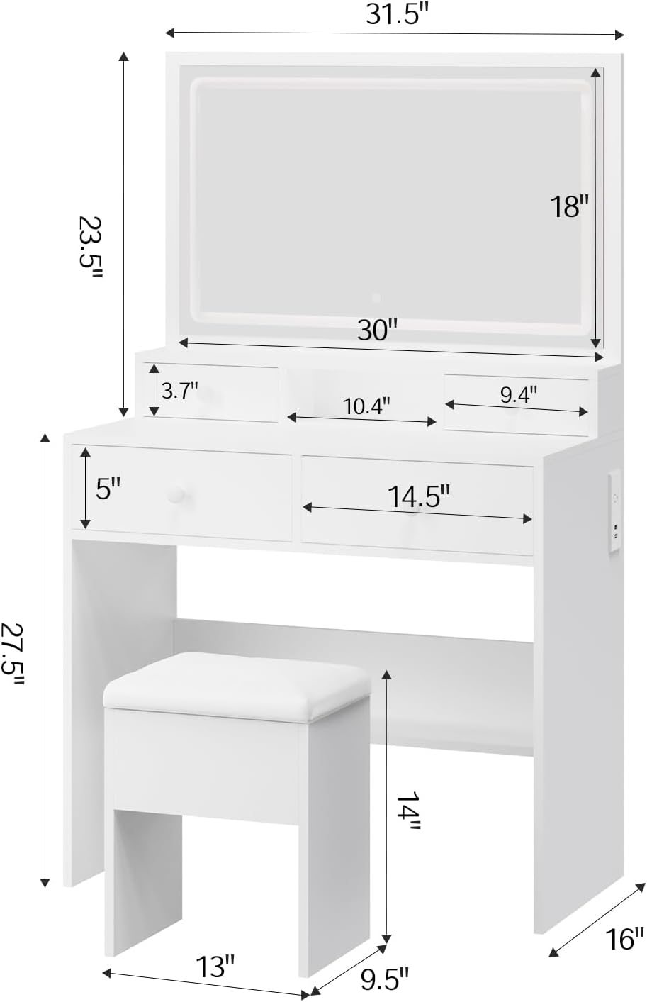 Haewon Vanity Desk with Mirror and LED Lights, White Makeup Vanity with Power Outlet, Storage Drawers and Chair, Dressing Table Set for Bedroom Dressing Room