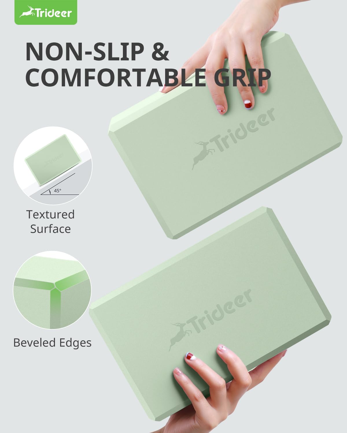 Trideer Yoga Blocks 2 Pack, Soft Non-Slip Foam Blocks with Beveled Edges for Alignment and Stretching in Yoga, Pilates, and Dance - Supportive, Lightweight, Odor Resistant, Latex-Free