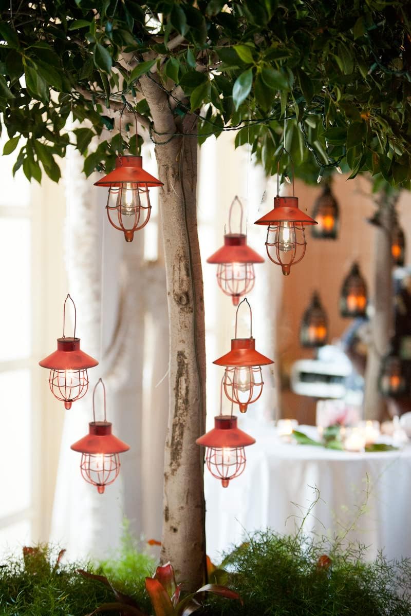 YAKii 2 Pack Solar Lantern Hanging Waterproof Outdoor Metal Solar Lamp with Warm White Light Decorate for Yard Garden Pathway Patio Porch Decor (Red)