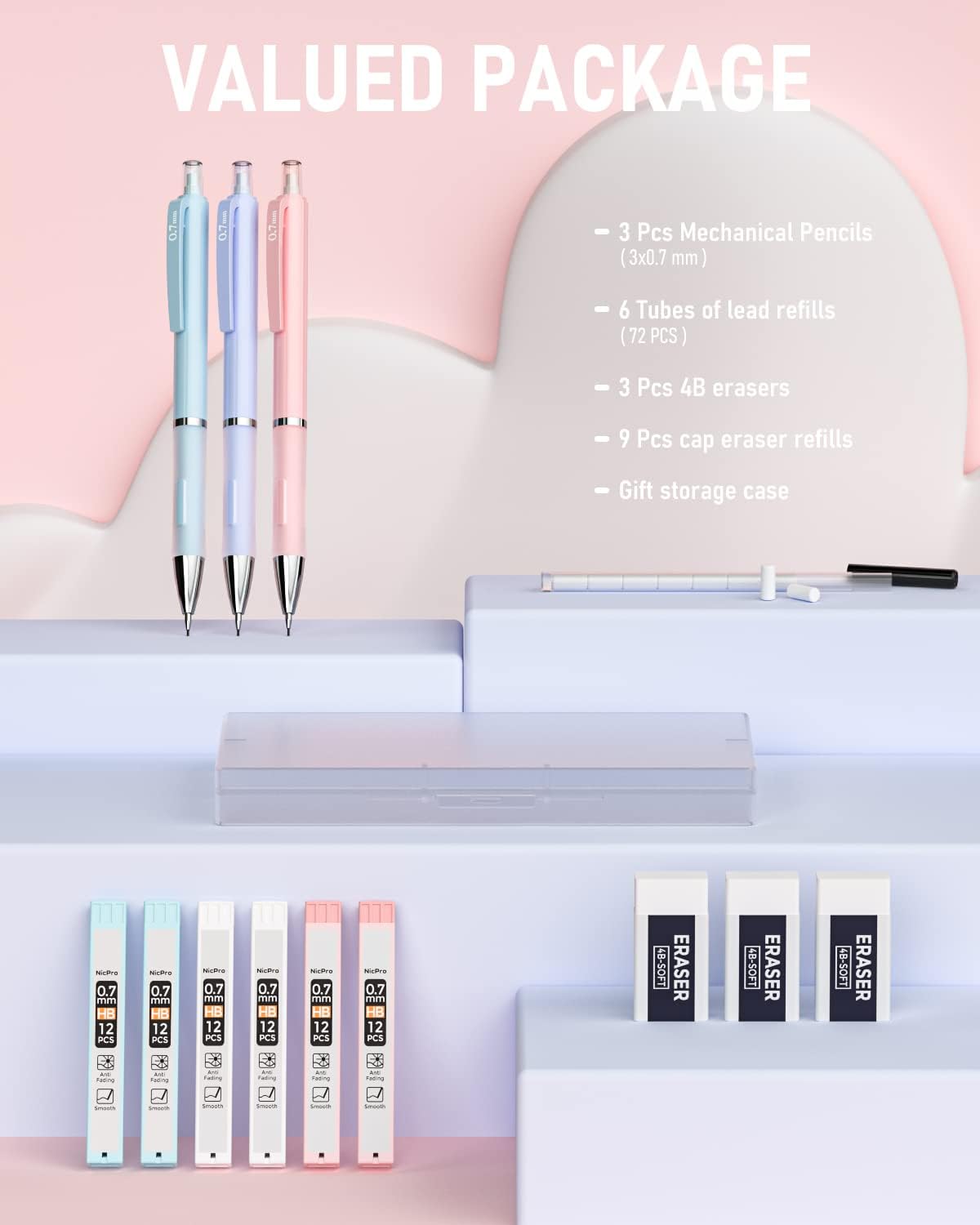 Nicpro 3PCS Cute Mechanical Pencil Set with Case, 0.7 mm Pencils with 6 Tube HB Lead Refill, 3PCS Eraser, 9PCS Eraser Refill for School Supplies Kid Student Writing, Drafting Drawing Sketching