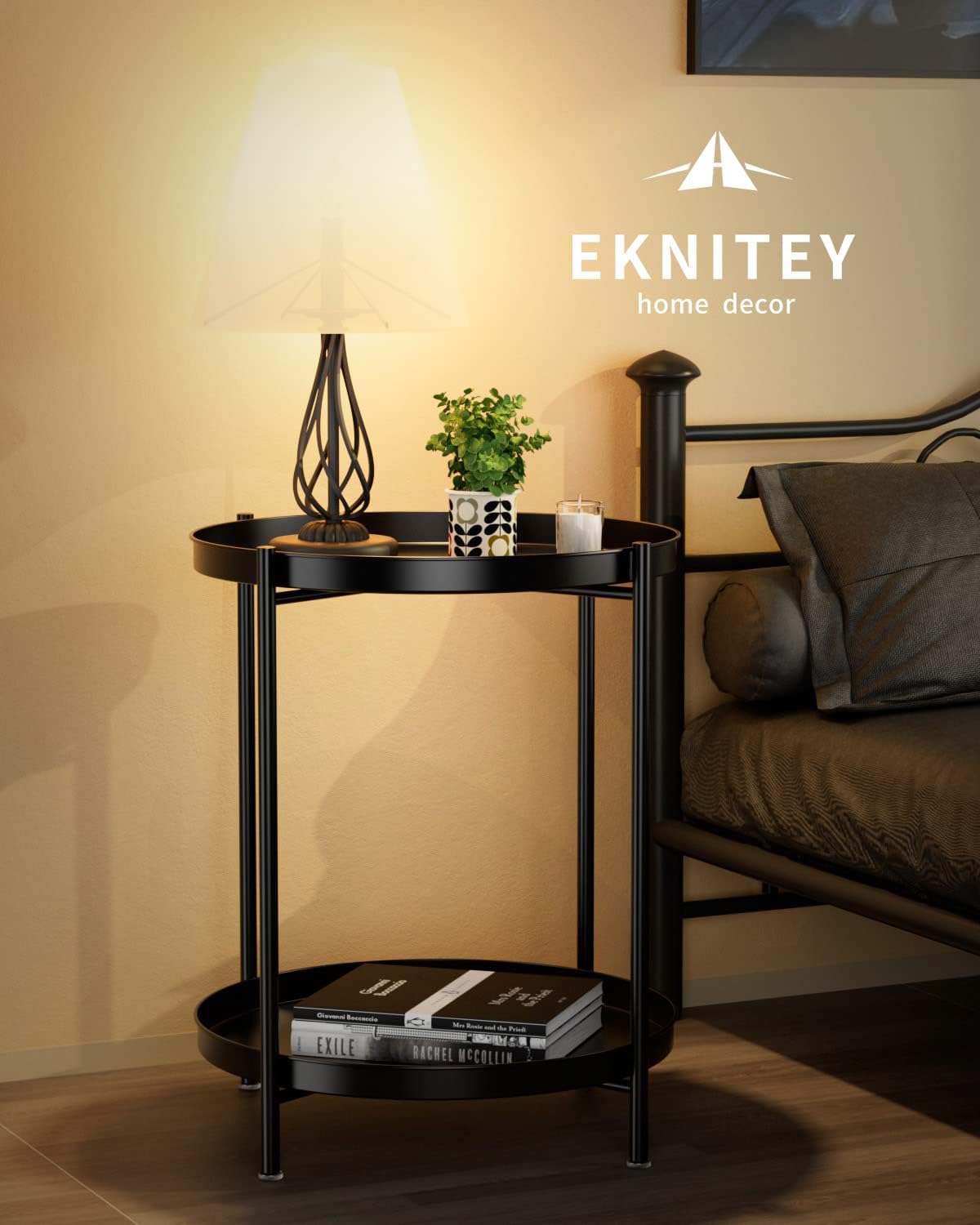 EKNITEY 2 Tier End Table - Metal Side Table Waterproof Small Sofa Coffee Side Tables Bedroom Indoor Outdoor with Removable Tray for Living Room Bedroom Balcony and Office (Black)