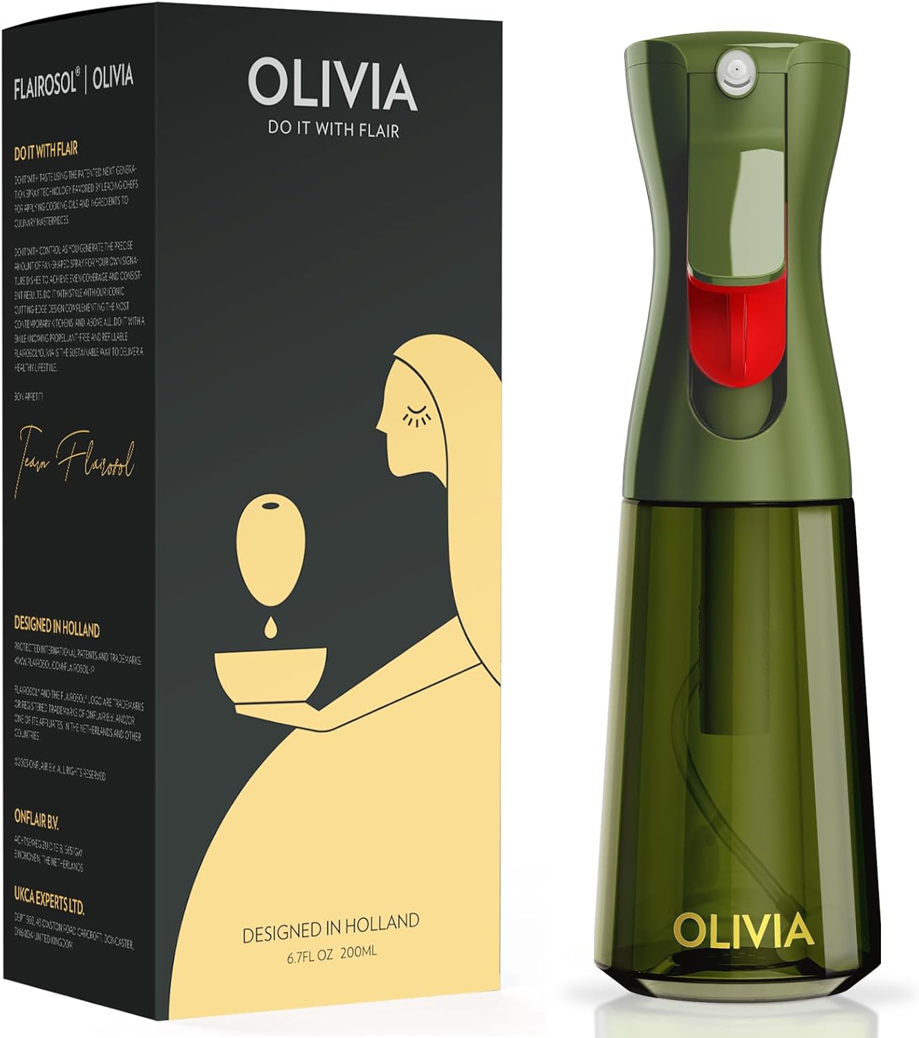 FLAIROSOL OLIVIA Oil Sprayer for Cooking, 200ml Glass Olive Oil Sprayer, Continuous Cooking Spray with Portion Control, Oil Dispenser for Kitchen, Air Fryer, Salad, BBQ (Green Bottle, Gold Print)