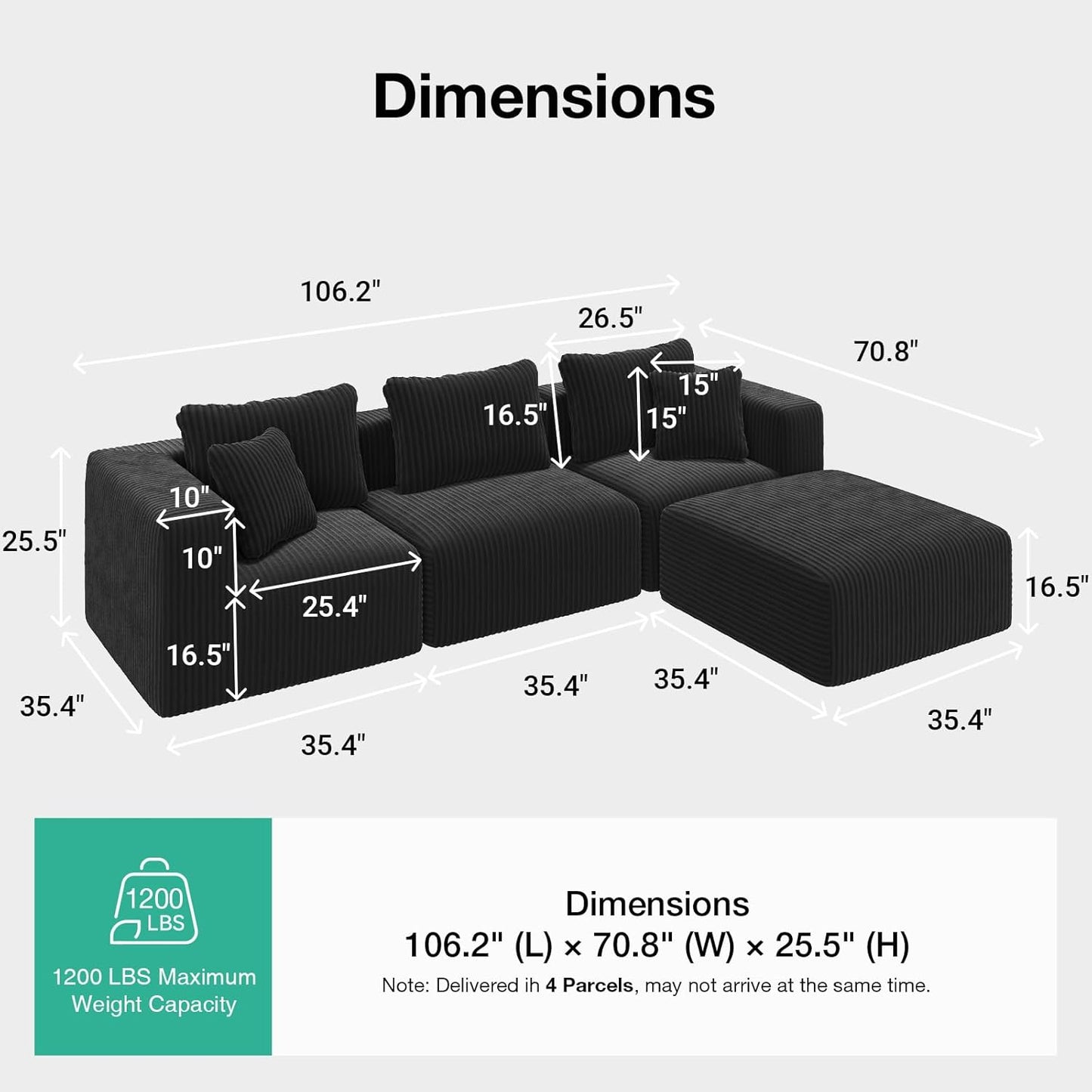 Novilla 106" Modular Sectional Sofa, Modern Cloud Sectional Couch with Smarts Coil Support, L-Shape Boneless Couch for Living Room Apartments Bedroom, No Assembly Required (3 Seater + 1 Ottoman)