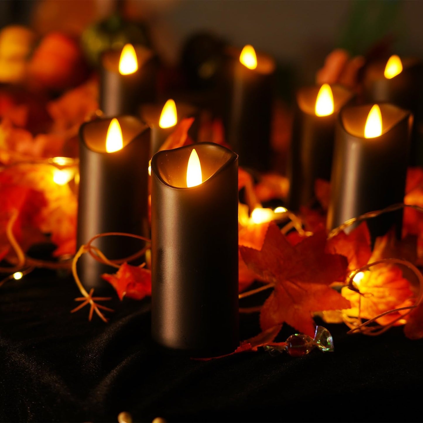 Homemory Black Flameless Candles, Halloween Candles, Battery Operated Candles, LED Pillar Candles with Remote Control and Timers, Set of 9