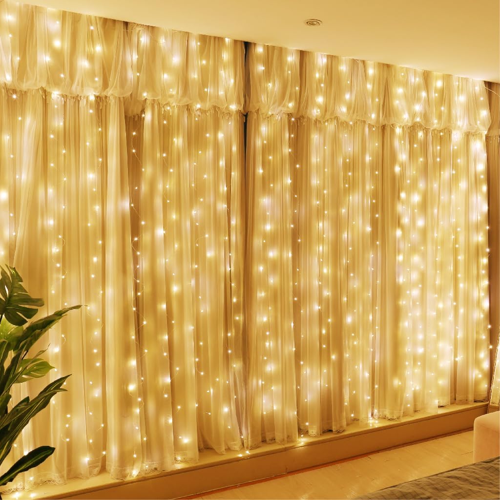 HXWEIYE 300LED Fairy Curtain Lights, 9.8x9.8Ft Warm White USB Plug in 8 Modes Christmas String Hanging Lights with Remote for Bedroom, Indoor, Outdoor, Weddings, Party