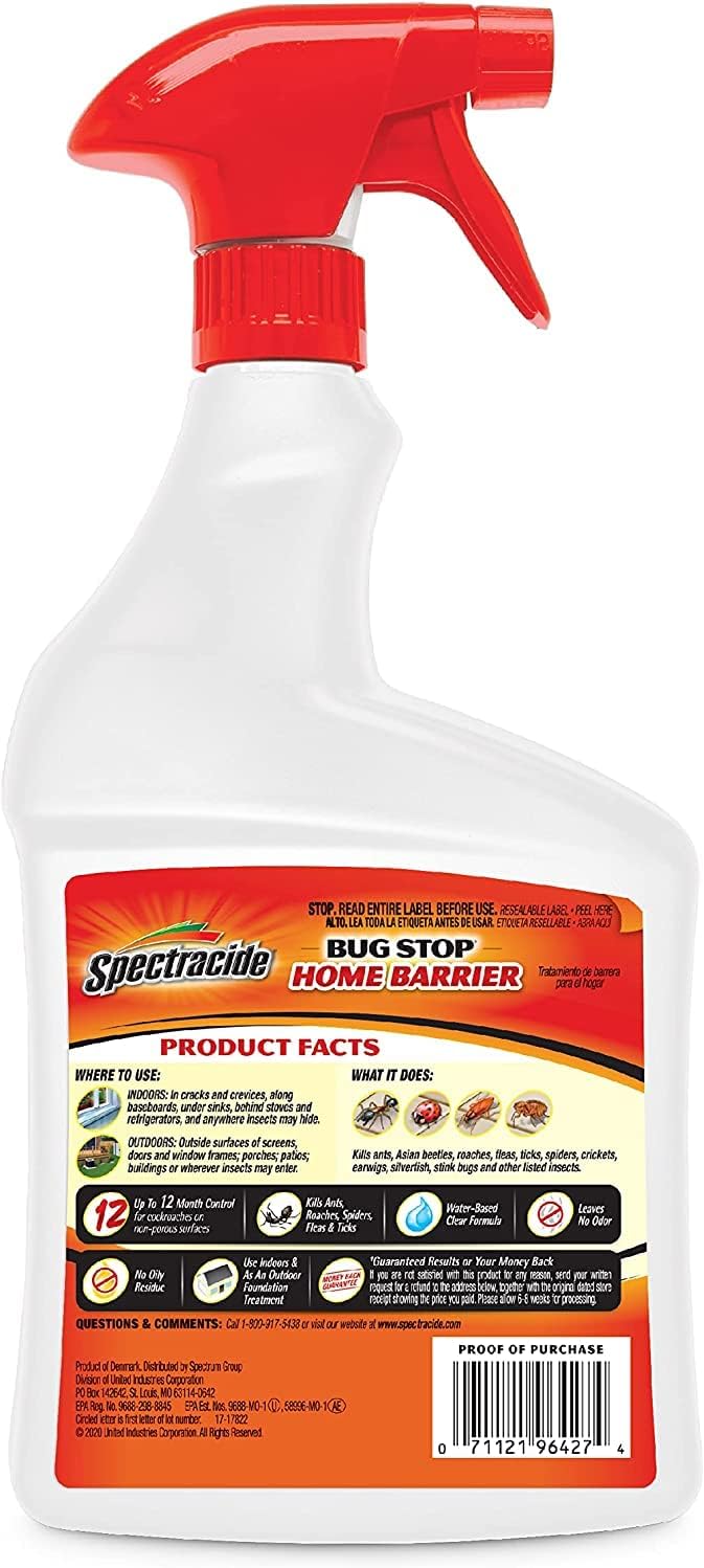Spectracide Bug Stop Home Barrier, Kills Ants, Roaches and Spiders On Contact, Indoor and Outdoor Insect Control, 32 fl Ounce Ready-To-Use Spray