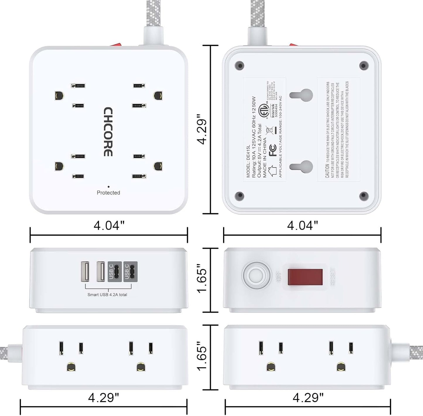 Surge Protector Power Strip - CHCORE 5Ft Braided Extension Cord with 8 Outlets with 4 USB (2 USB C) Charging Ports, Flat Plug Multi Plug Outlet Extender Charging Station for Home Office, ETL, White