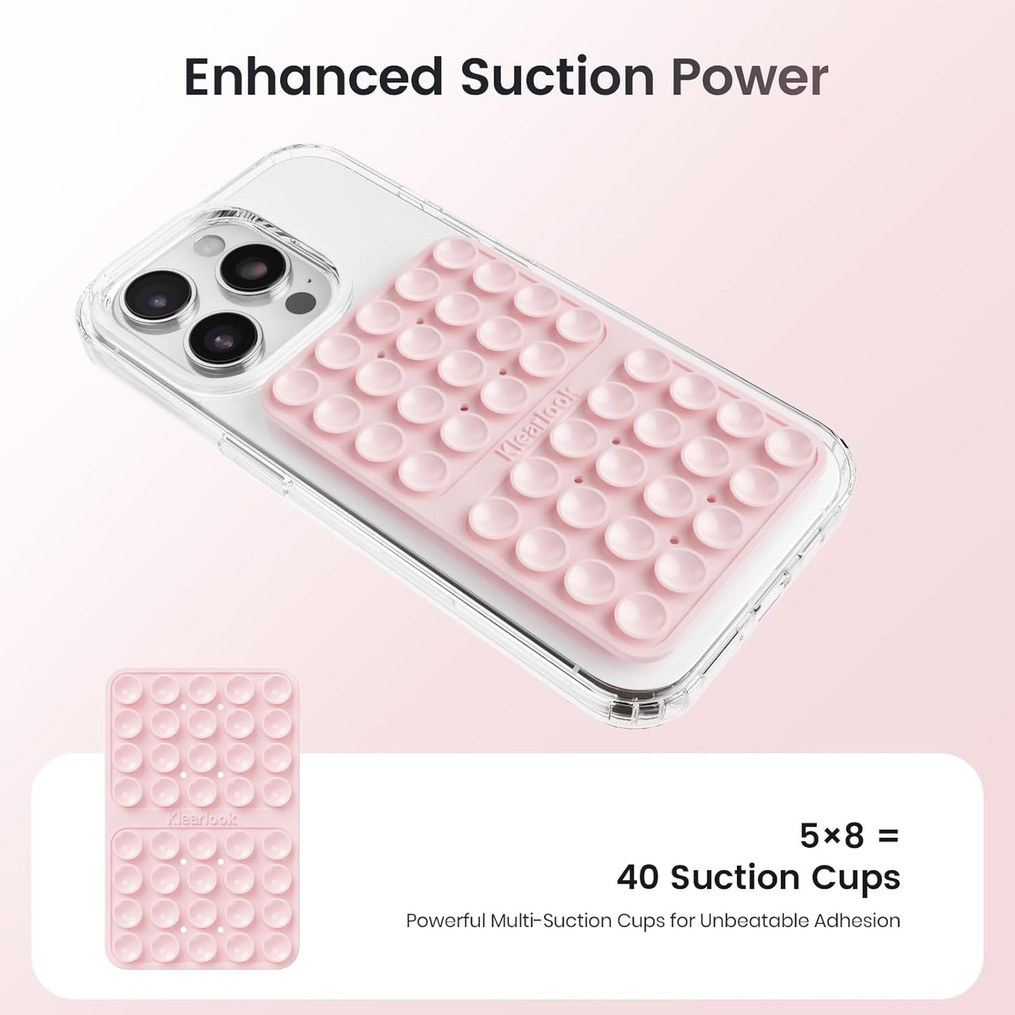 Klearlook Silicone Double-Sided Suction Cup Phone Case Detachable Mount, Sticky Phone Grip with Higher Suction Power for iPhone, Hands-Free Phone Accessories Holder for Selfies and Videos, Light Pink