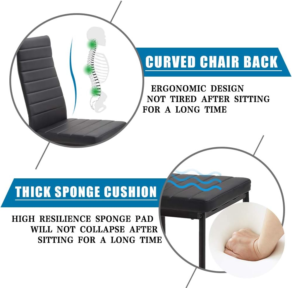 FDW | 5-Piece Dining Table Set | Black | Glass Kitchen Table with 4 Upholstered Chairs and Faux Leather Cushions | Space-Saving and Modern Design | for Dining Room, Easy to Assemble