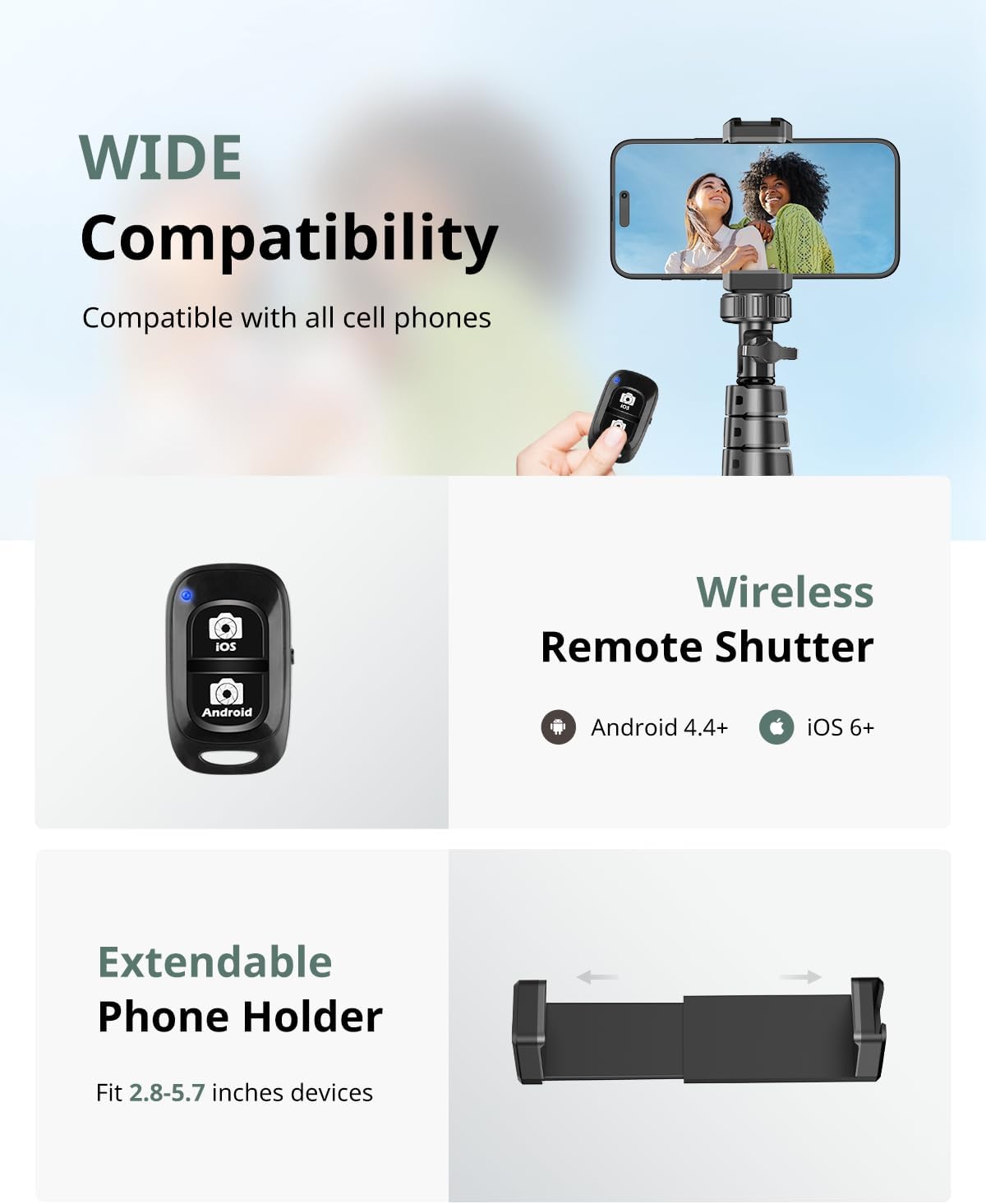 SENSYNE 62" Phone Tripod & Selfie Stick, Extendable Cell Phone Tripod Stand with Wireless Remote and Phone Holder, Compatible with iPhone Android Phone, Camera