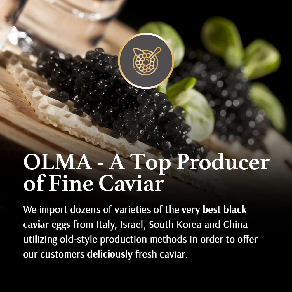OLMA Caviar Taster Gift Set - 4 oz (112g) of Caviar, Includes 8 Varieties of Caviar Fish Roe (Beluga Hybrid, Osetra, Kaluga Royal, Hackleback, & more), Mini Blinis, Creme Fraiche & Serving Spoon