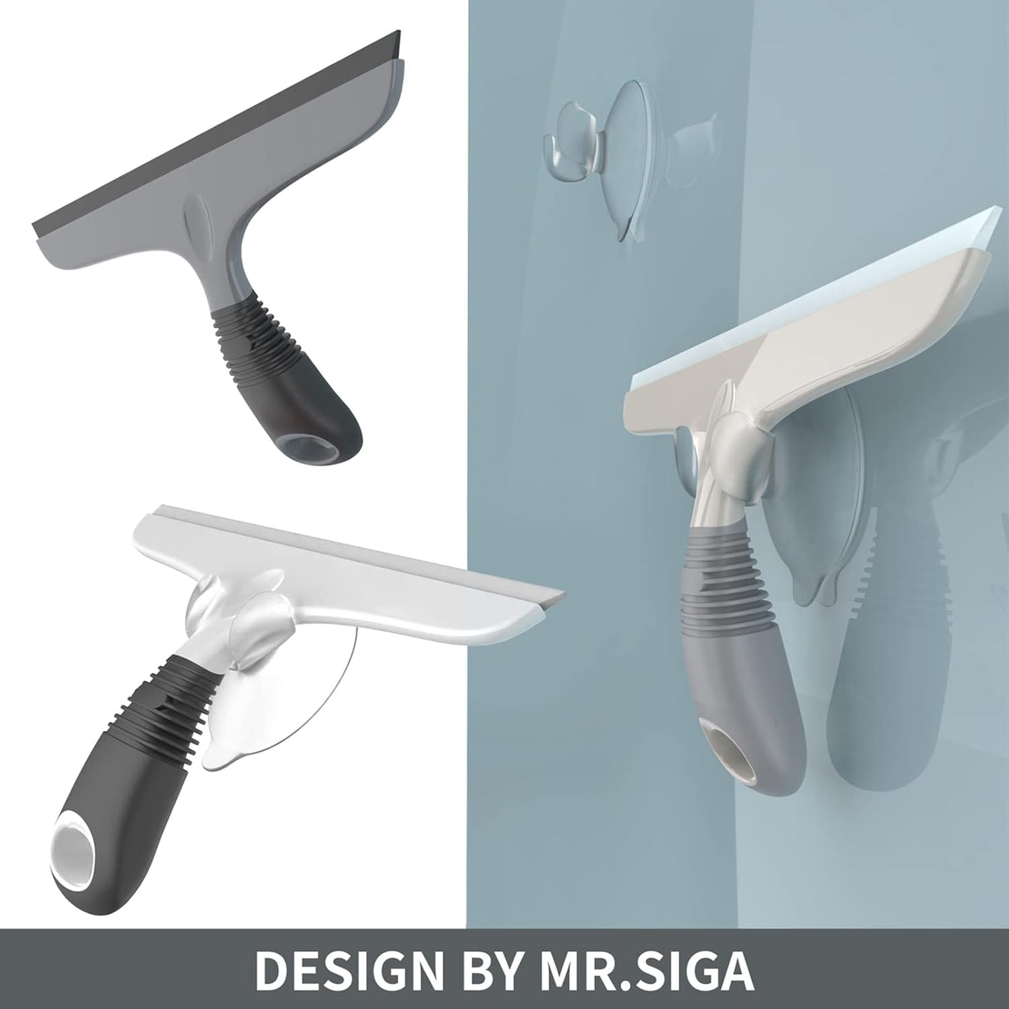 MR.SIGA Multi-Purpose Silicon Squeegee for Window, Glass, Shower Door, Car Windshield, Heavy Duty Window Scrubber, Includes Suction Hook, 10 inch, White & Gray, 1 Pack