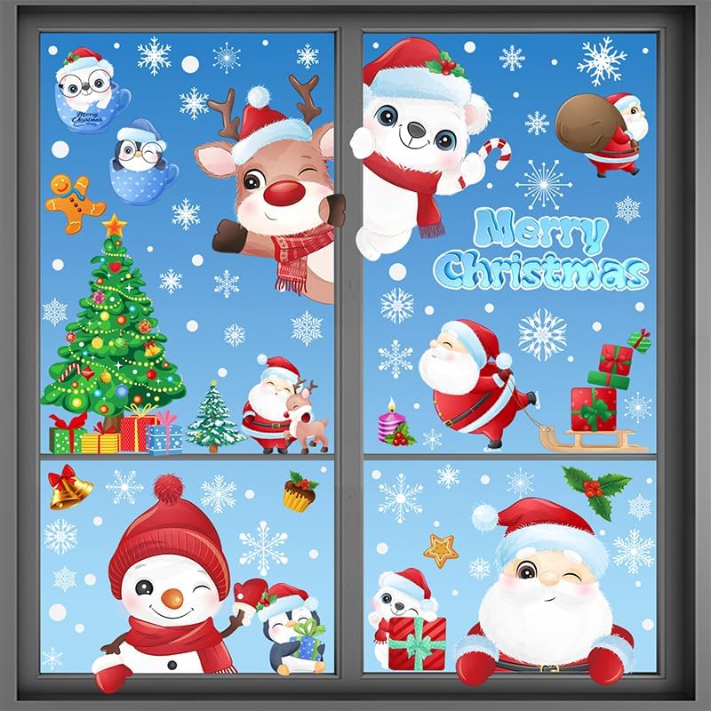 192Pcs Christmas Window Clings for Glass Windows, 9 Sheet Christmas Window Stickers Santa Claus Snowman Reindeer for Xmas Holiday Indoor Decals Party Supplies