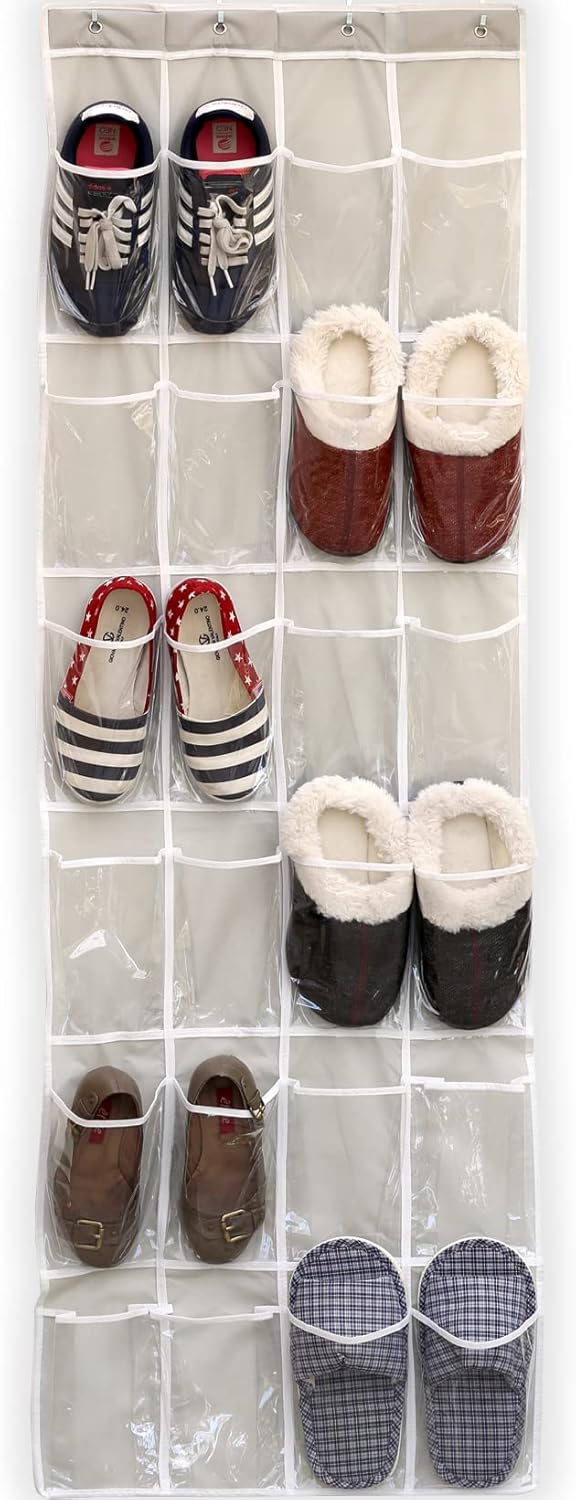 Simple Houseware 24 Pockets - Crystal Clear Over The Door Hanging Shoe Organizer, Gray (64'' x 19'')