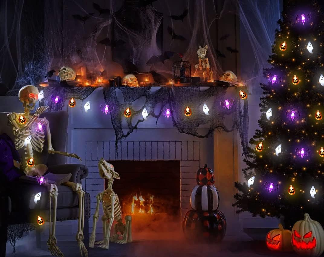 Halloween Lights Decorations, 16 FT 30 LED Waterproof 3D Pumpkin Bat Ghost Battery Operated String Lights with Timer, 8 Lighting Modes Fairy Light for Home Window Indoor Outdoor Halloween Party Decor