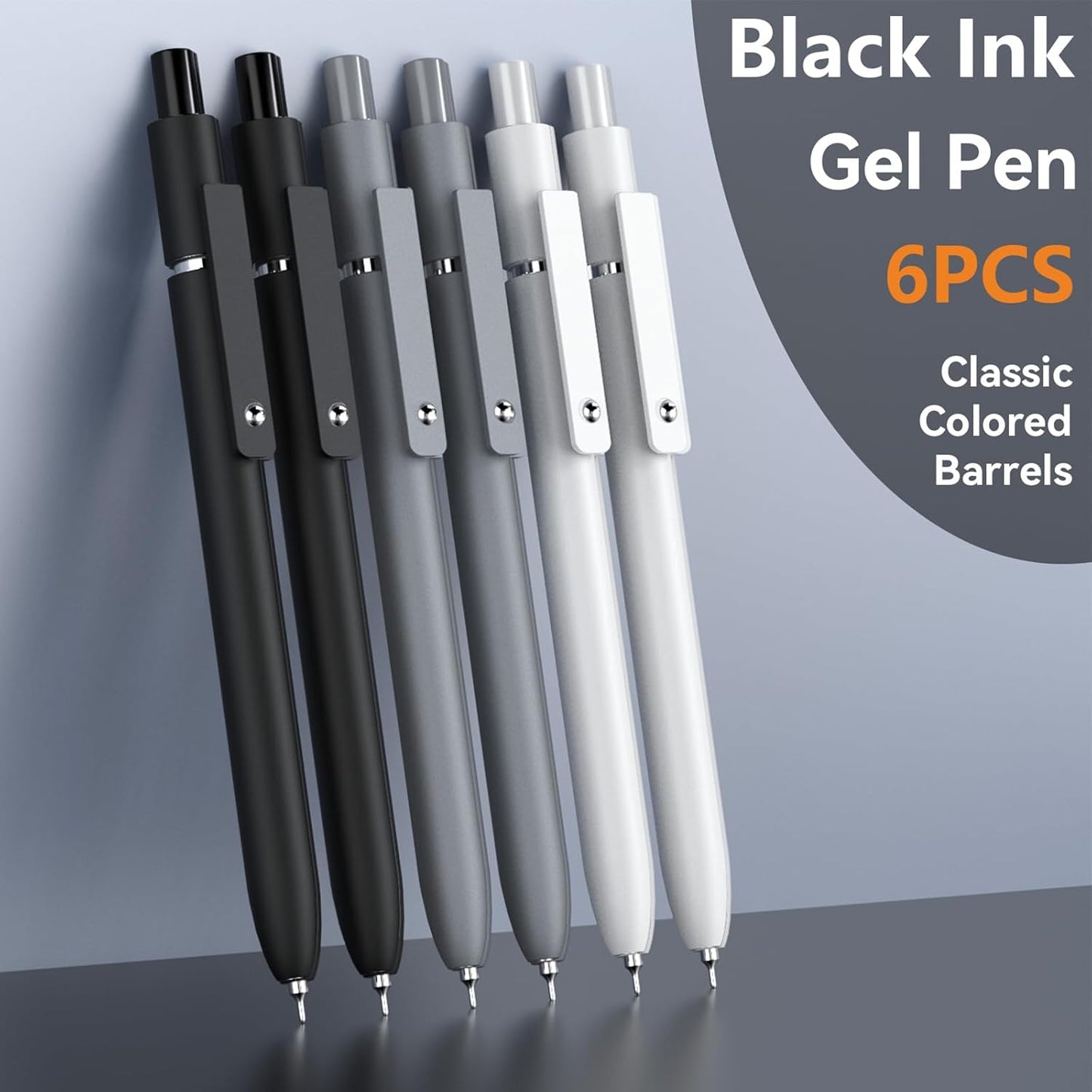 Gel Pens, 6 Pcs 0.5mm Fine Point Black Ink Pen With Smooth Writing, Office Desk Accessories, School Supplies Gifts for Men Women, Quick Dry Pens Ballpoint For Journaling, Black/Gray/White