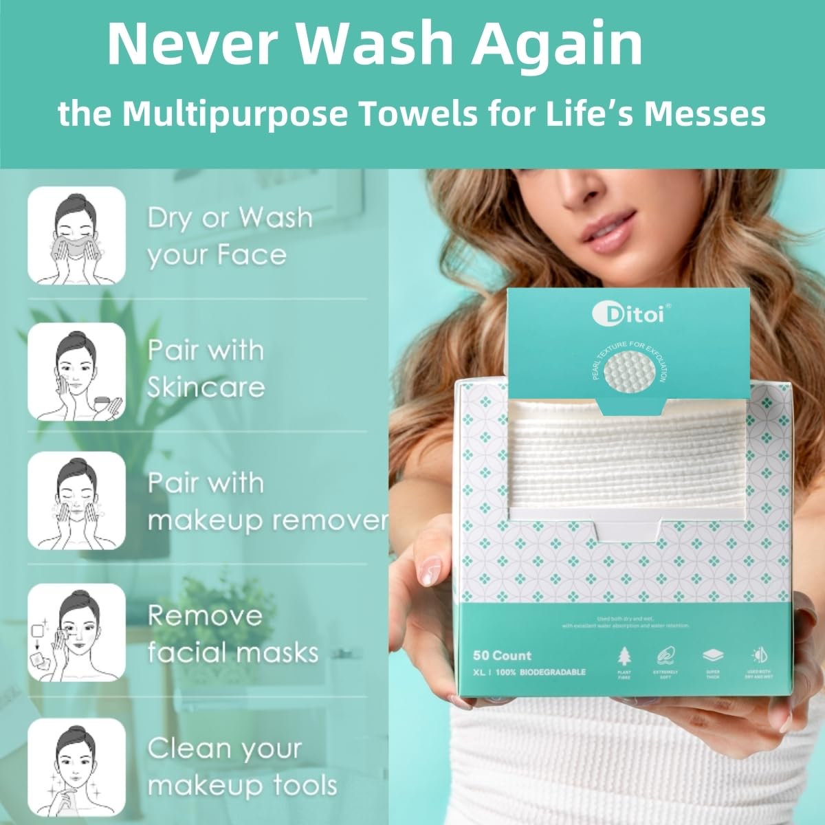 Ultra Thick Disposable Face Towels, Lint-Free Wipes for Makeup Removal, 50 Count - Cart Shape