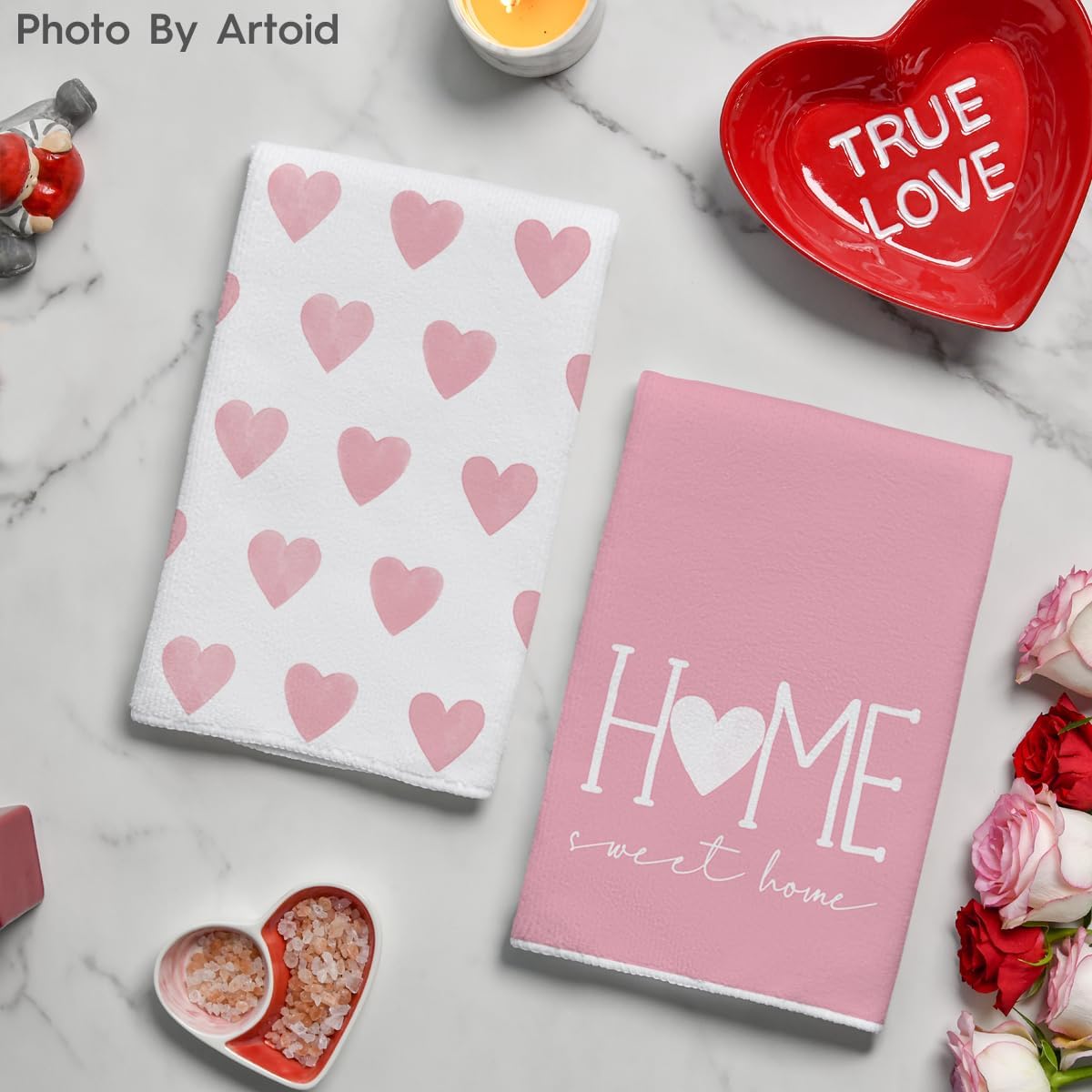 Artoid Mode Pink Heart Love Home Sweet Home Valentine's Kitchen Towels Dish Towels, 18x26 Inch Anniversary Wedding Decoration Hand Towels Set of 2