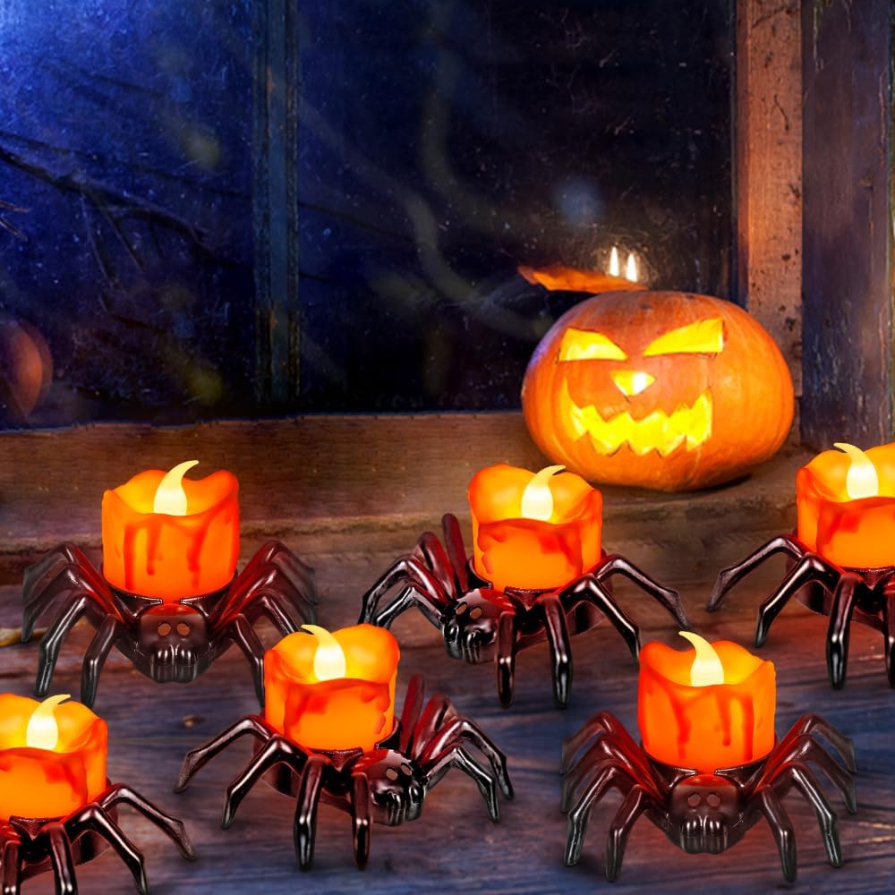 6 PCS Halloween Tea Lights Candles, Battery Operated Halloween's Flameless LED Candles, Spider Tealights Spooky Electric Flickering Fake Candle for Halloween Party Decorations