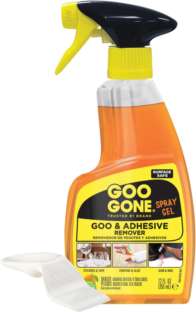Goo Gone Adhesive Remover Spray Gel – Safe Glue and Sticker Remover for Labels, Tape Residue, Grease, Tar, Gum, Crayons, Candle Wax, Tree Sap, & Makeup on Hard Surfaces, Carpets, and Fabrics, 12 oz