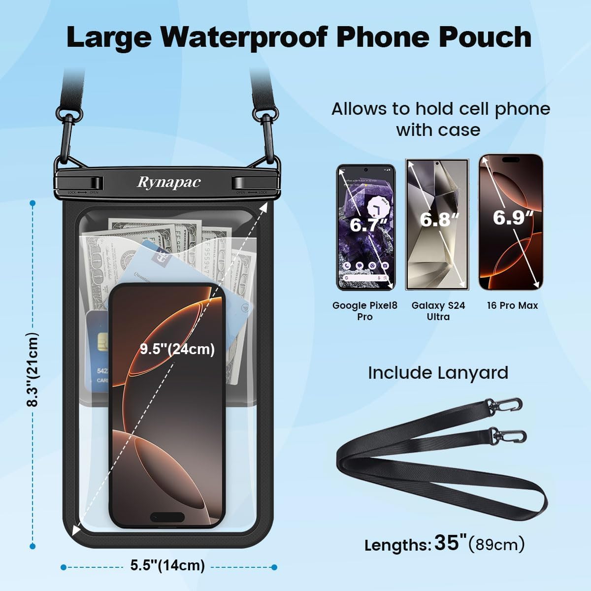 Large Waterproof Phone Pouch Bag - 2 Pack Waterproof Phone Case for iPhone 16 15 14 Pro Max Galaxy S25 S24 Ultra, IPX8 Cellphone Water Protector Pouch Beach Essentials Travel Must Haves