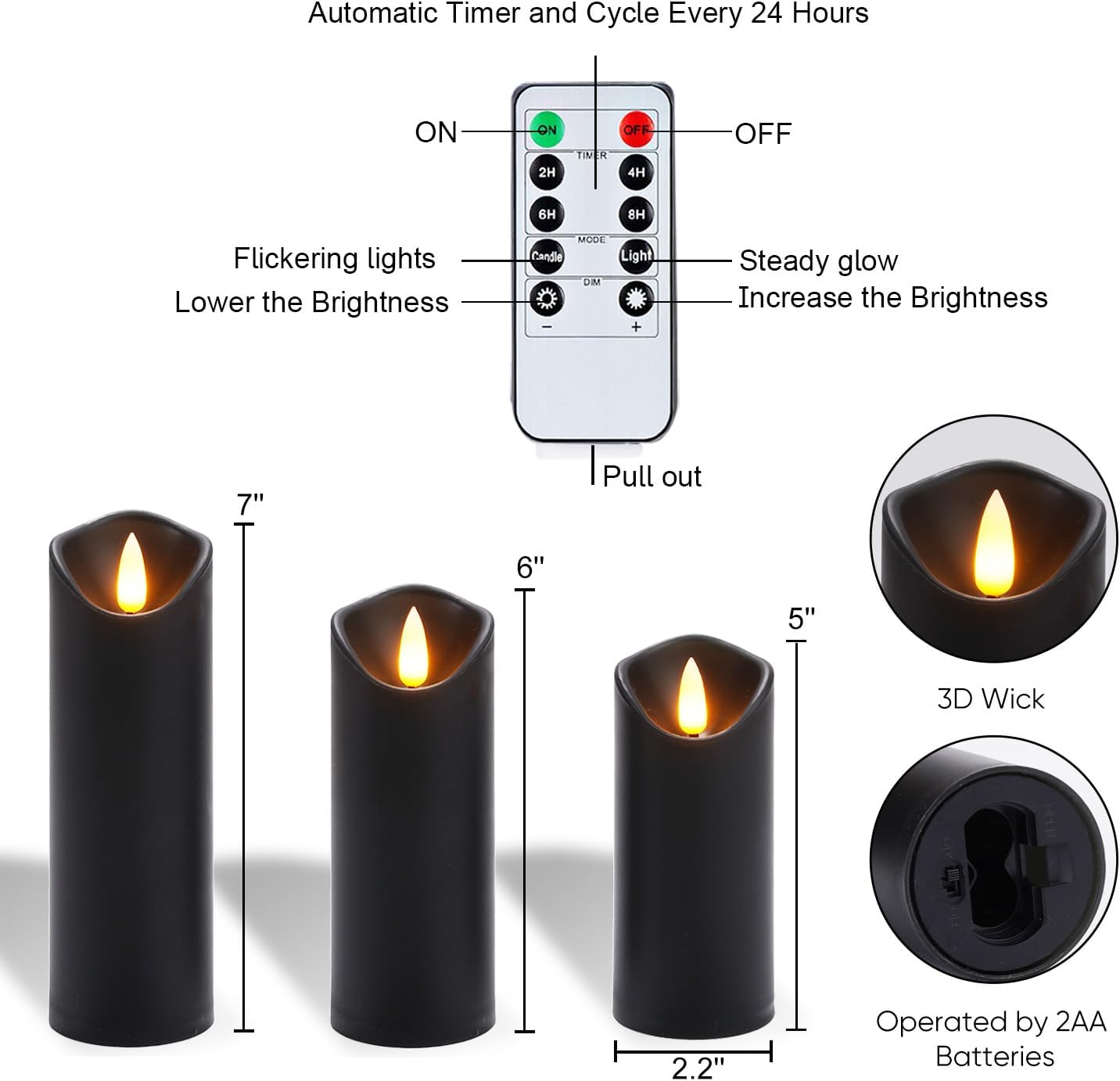 Homemory Black Flameless Candles, Halloween Candles, Battery Operated Candles, LED Pillar Candles with Remote Control and Timers, Set of 9