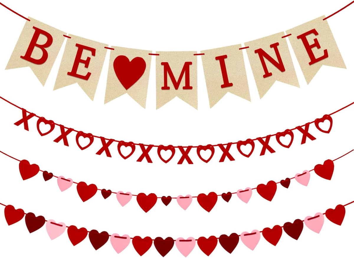 4Pcs Valentines Day Decorations Valentines Day Decor No DIY Required Handmade BE Mine Love Heart XO Garlands Banner for Home Wedding Party Anniversary