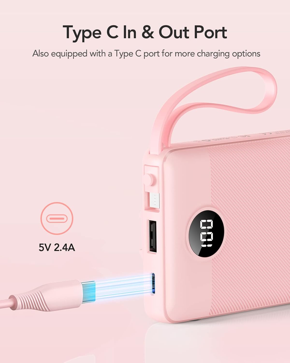 VRURC Portable Charger Power Bank, 10000mAh Travel Essentials Battery Pack, 5 Outputs 2 Inputs Slim Charging Bank Built-in Cables Cords Wires Compatible with iPhone,Samsung,Android-Pink(1 Pack)