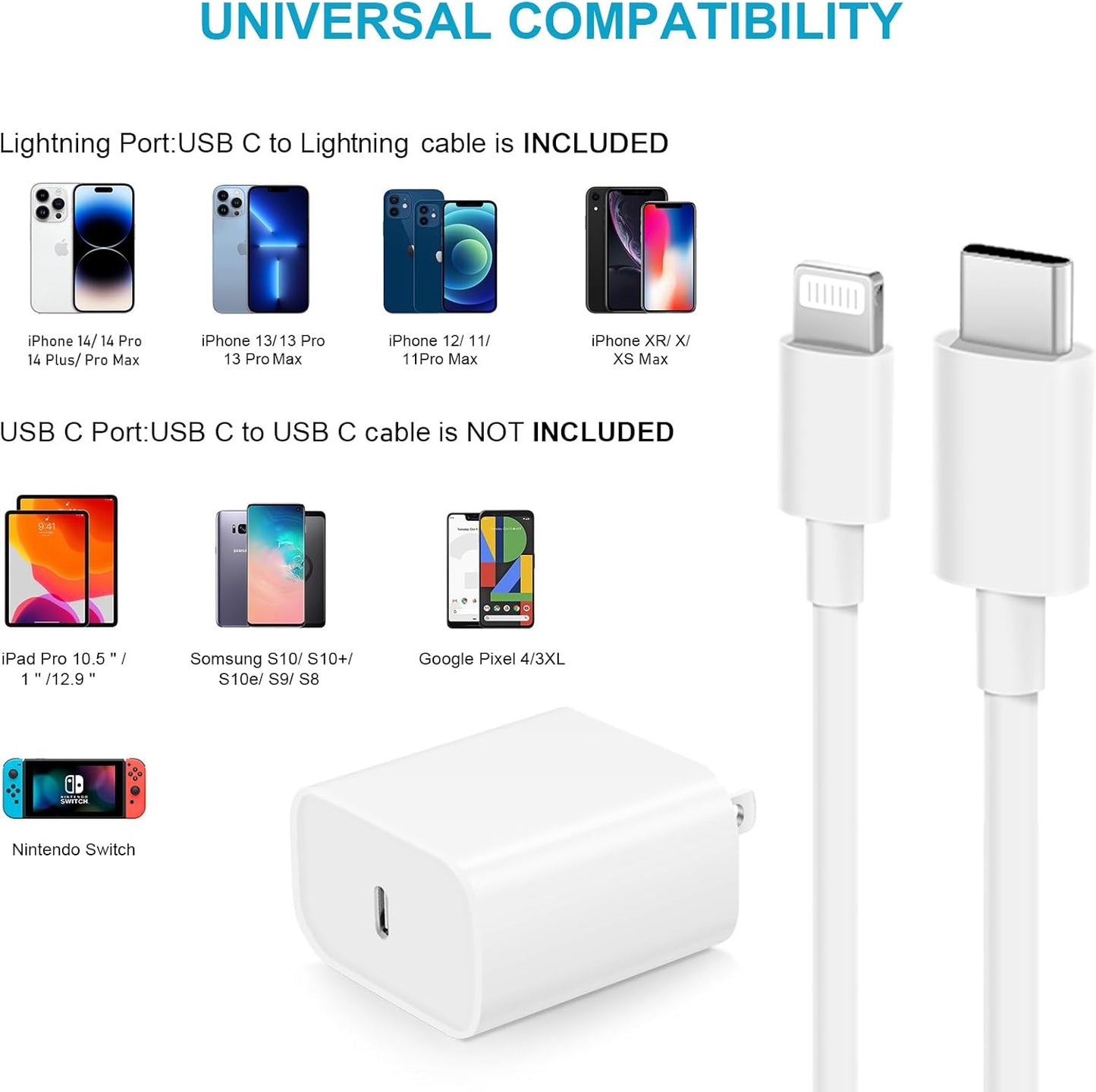iPhone Fast Charger 3+3Pack 20W USB C Wall Charger with 6FT Fast Charging Cable Compatible with iPhone 14/13/12/11/Pro/Pro Max