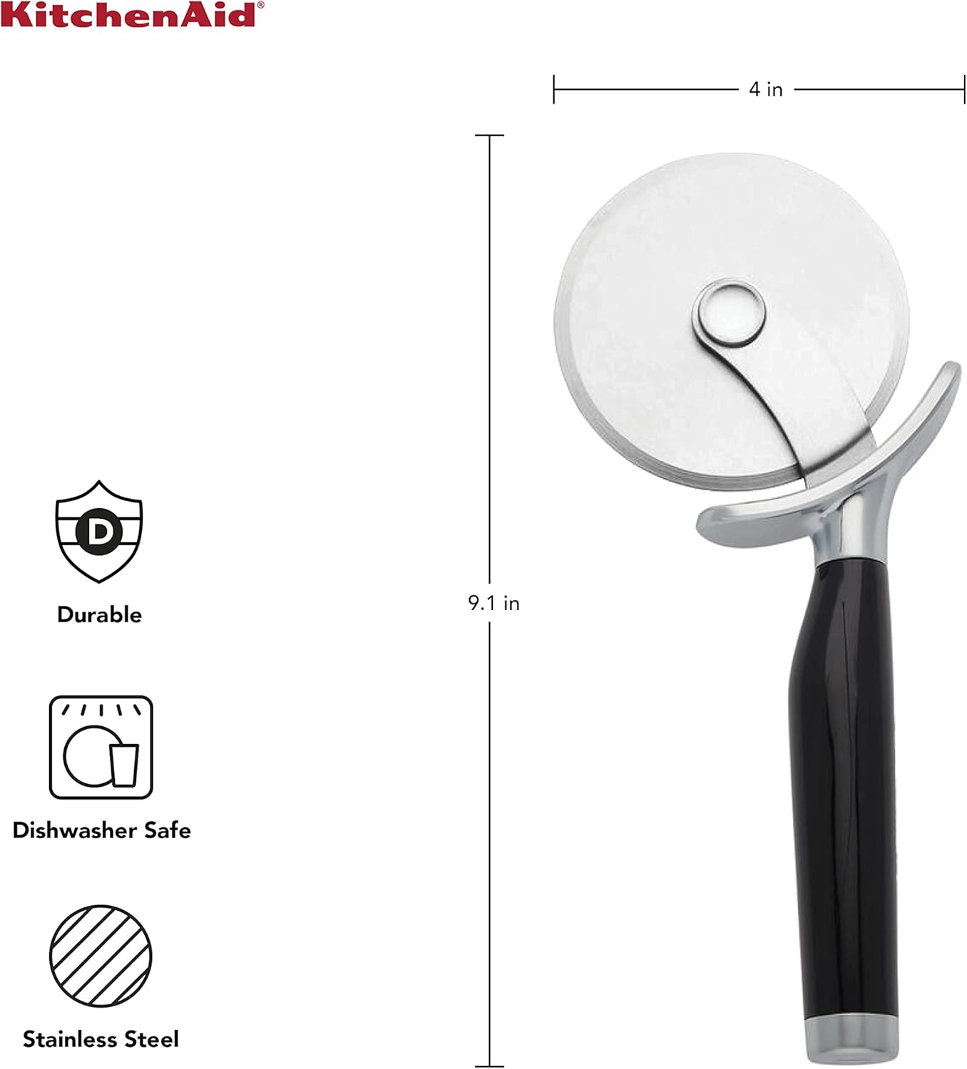 KitchenAid Classic Pizza Wheel with Sharp Blade For Cutting Through Crusts, Pies and More, Built In Finger Guard for Safety and Comfort Grip to Protect Fingers, Dishwasher Safe, 9-Inch, Black