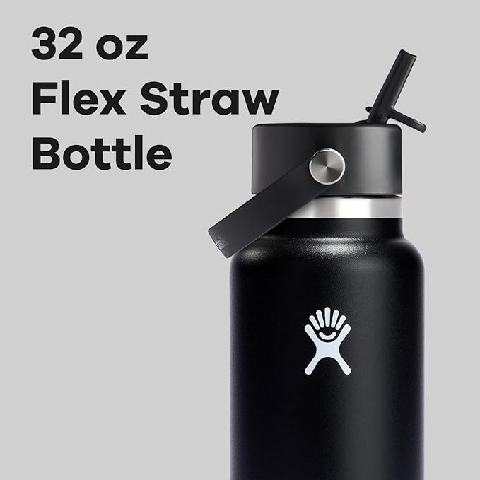 Hydro Flask 32 Oz Wide Flex Straw Cap Bottle - Insulated Stainless Steel - Wide Straw Lid, Non Spill, Leakproof in Black