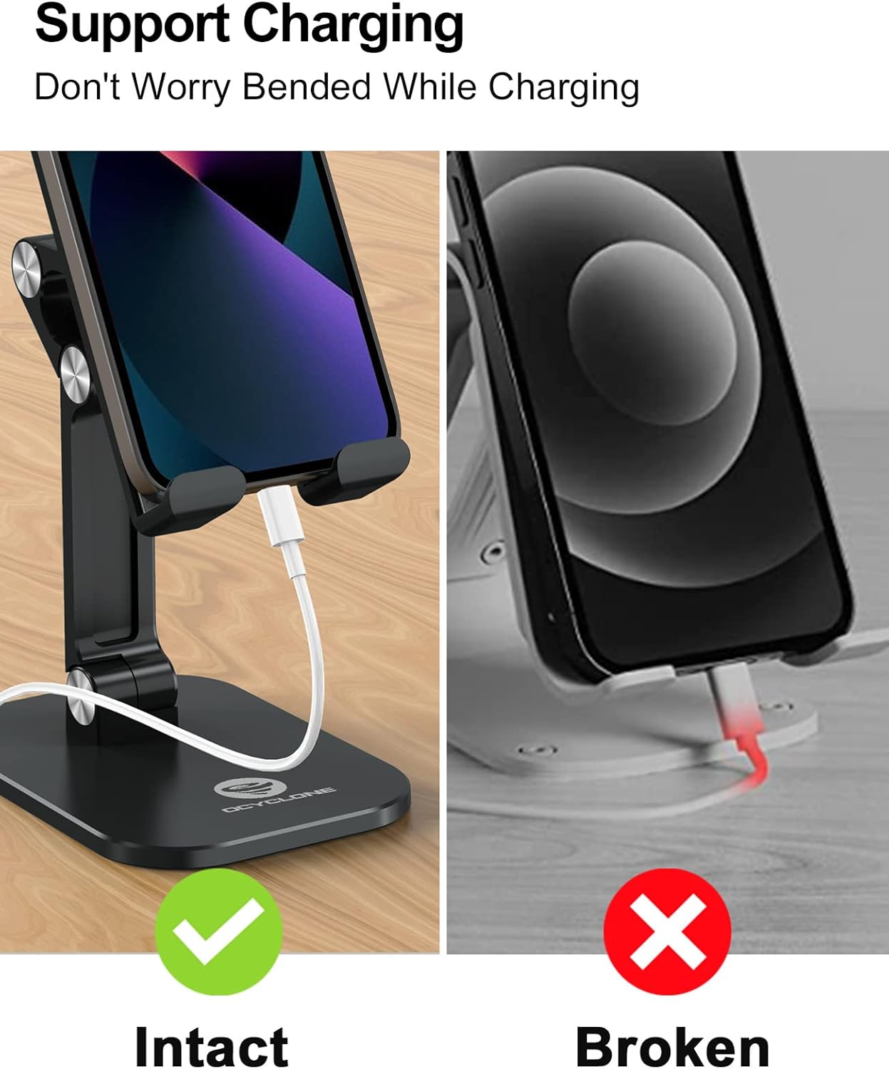 OCYCLONE Phone Stand, Adjustable Height and Angle Foldable Cell Phone Stand Holder for Desk, Taller iPhone Stand Compatible with 4.7"-13" Smartphones iPad Tablet, Black