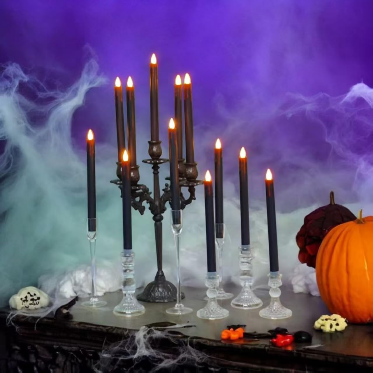 Halloween LED Flameless Taper Candles Black Red Drip with Remote Timer, 6 Pcs Candlesticks with 3D Flickering Flame for Home Fall Indoor Decorations(0.85 x 10.6 Inches)