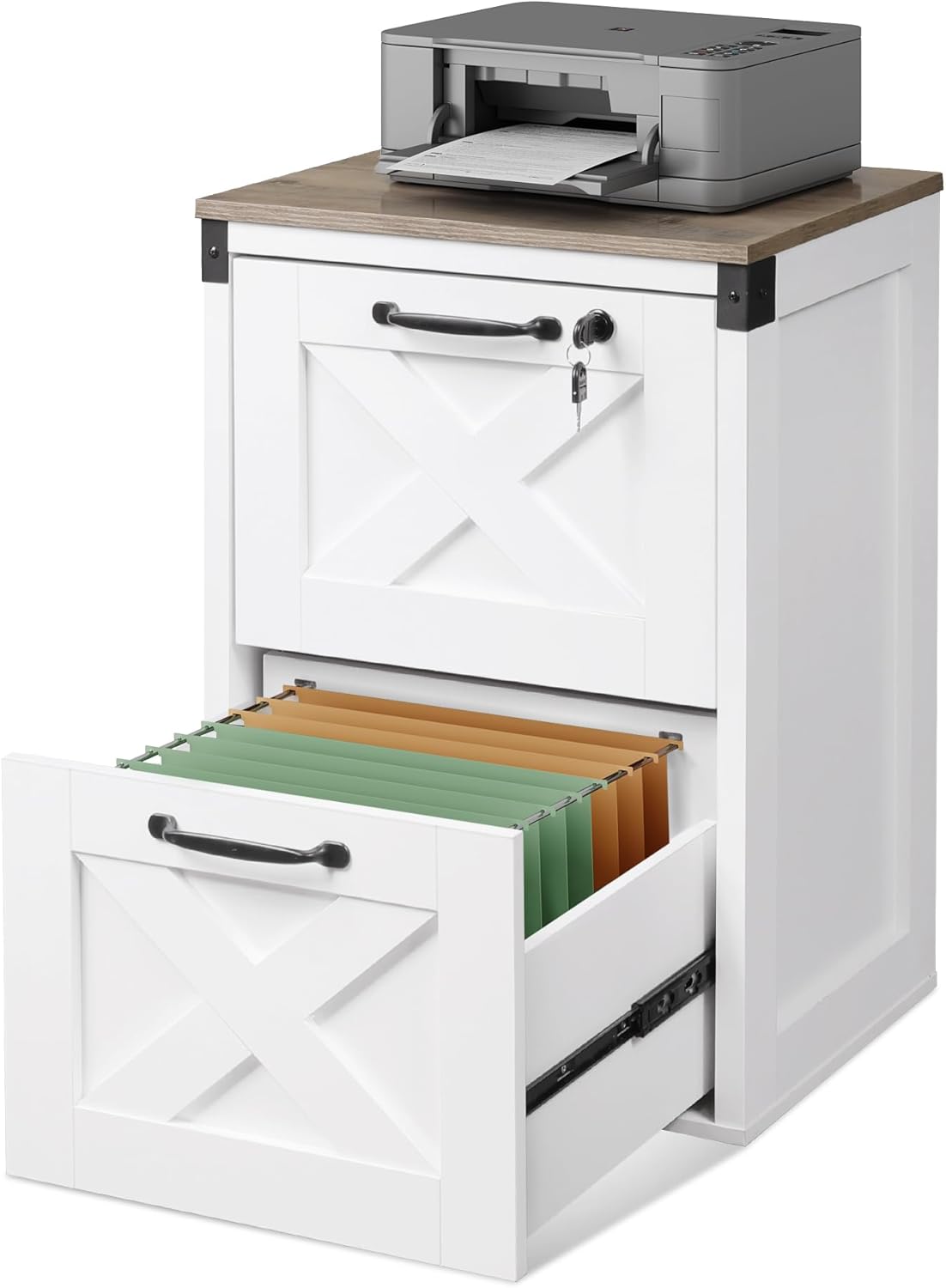 DEVAISE 2 Drawer File Cabinet with Lock, Wood Farmhouse Filing Cabinet for Home Office, Printer Stand Fits Letter and A4 Size, White