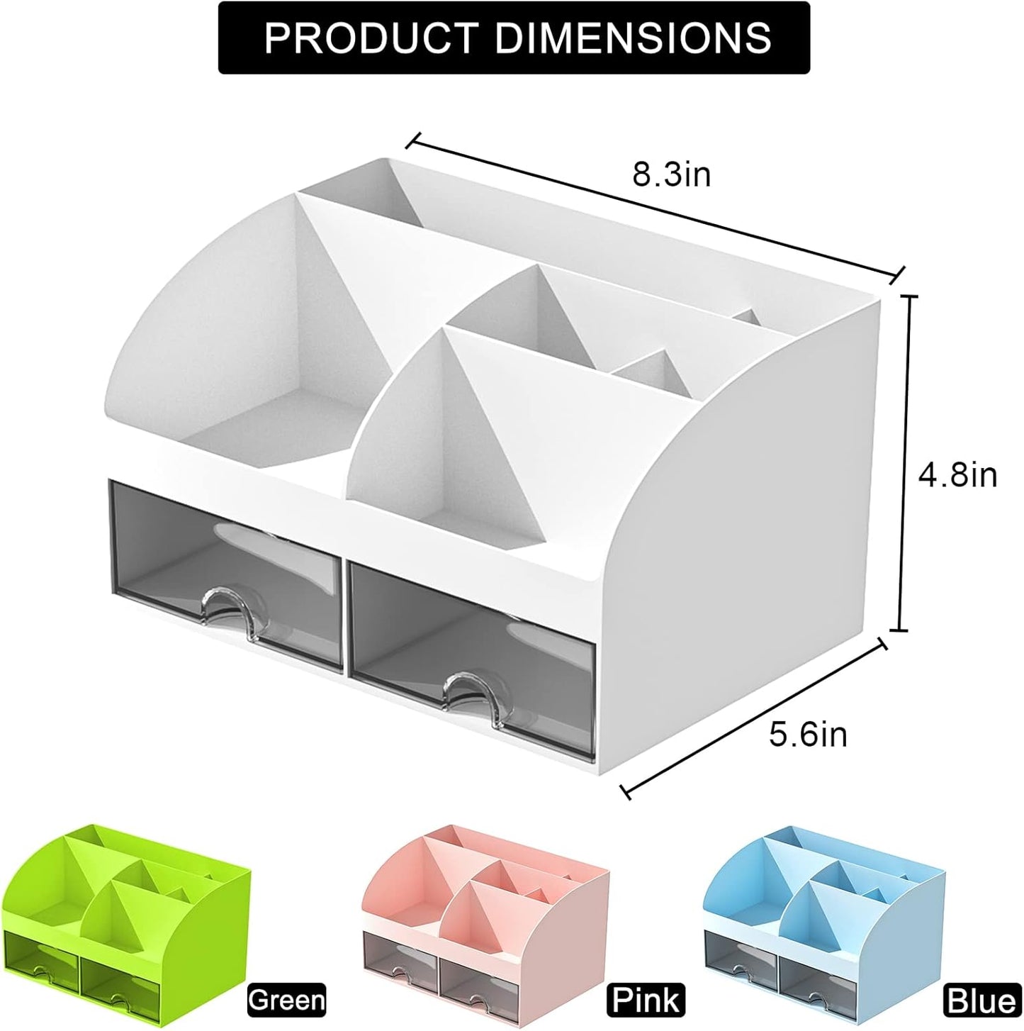 Desk Organizer with 6 Compartments and 2 Drawers, Plastic Makeup Organizer, Pen Holder for Desktop Storage, Desk Organization for School, Home, Office Supplies (White)