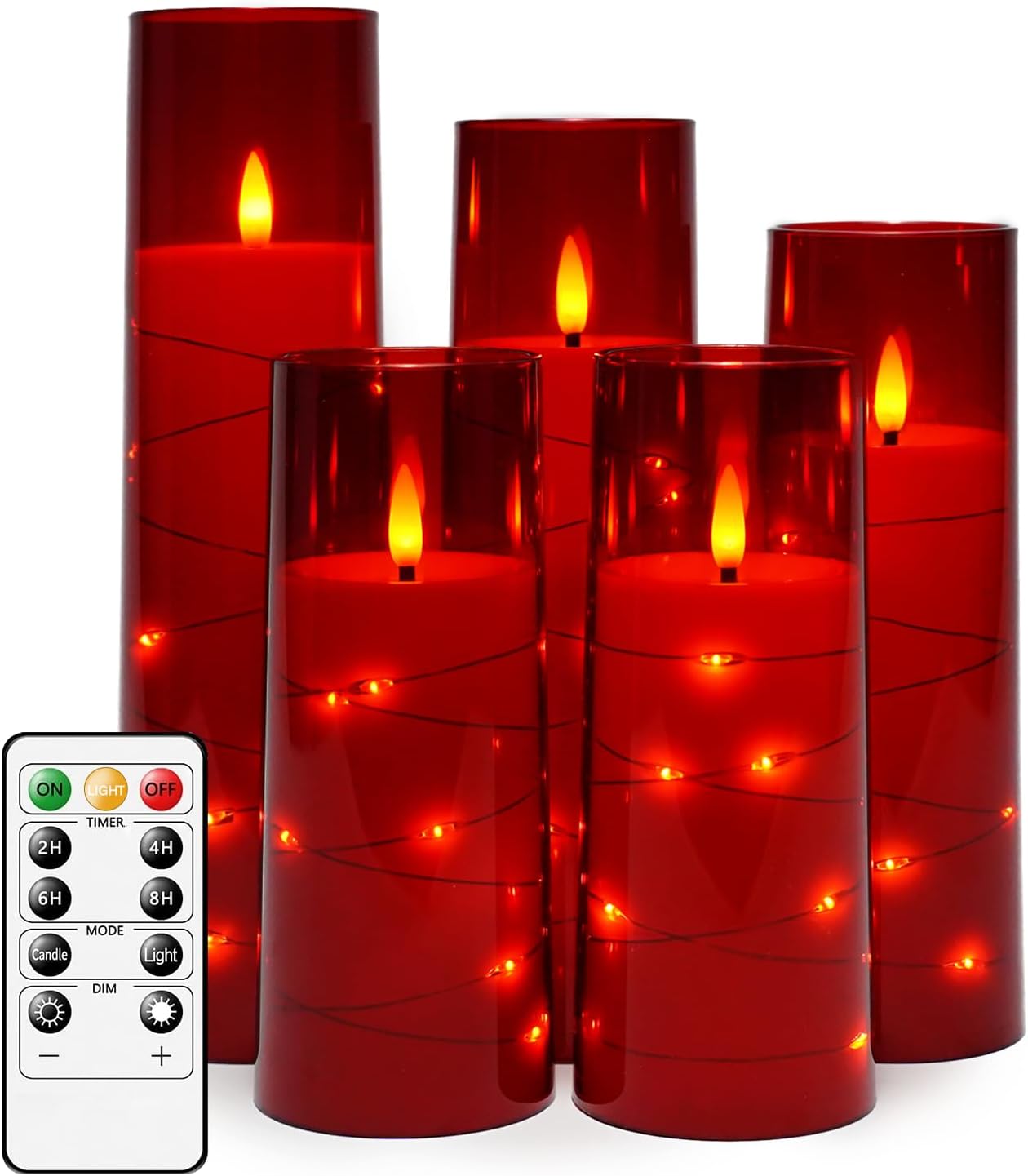 kakoya Flameless LED Candles with Timer 5 Pc Flickering Flameless Candles for Romantic Ambiance and Home Decoration Stable Acrylic Shell,with Embedded Star String,Battery Operated Candles(Red)