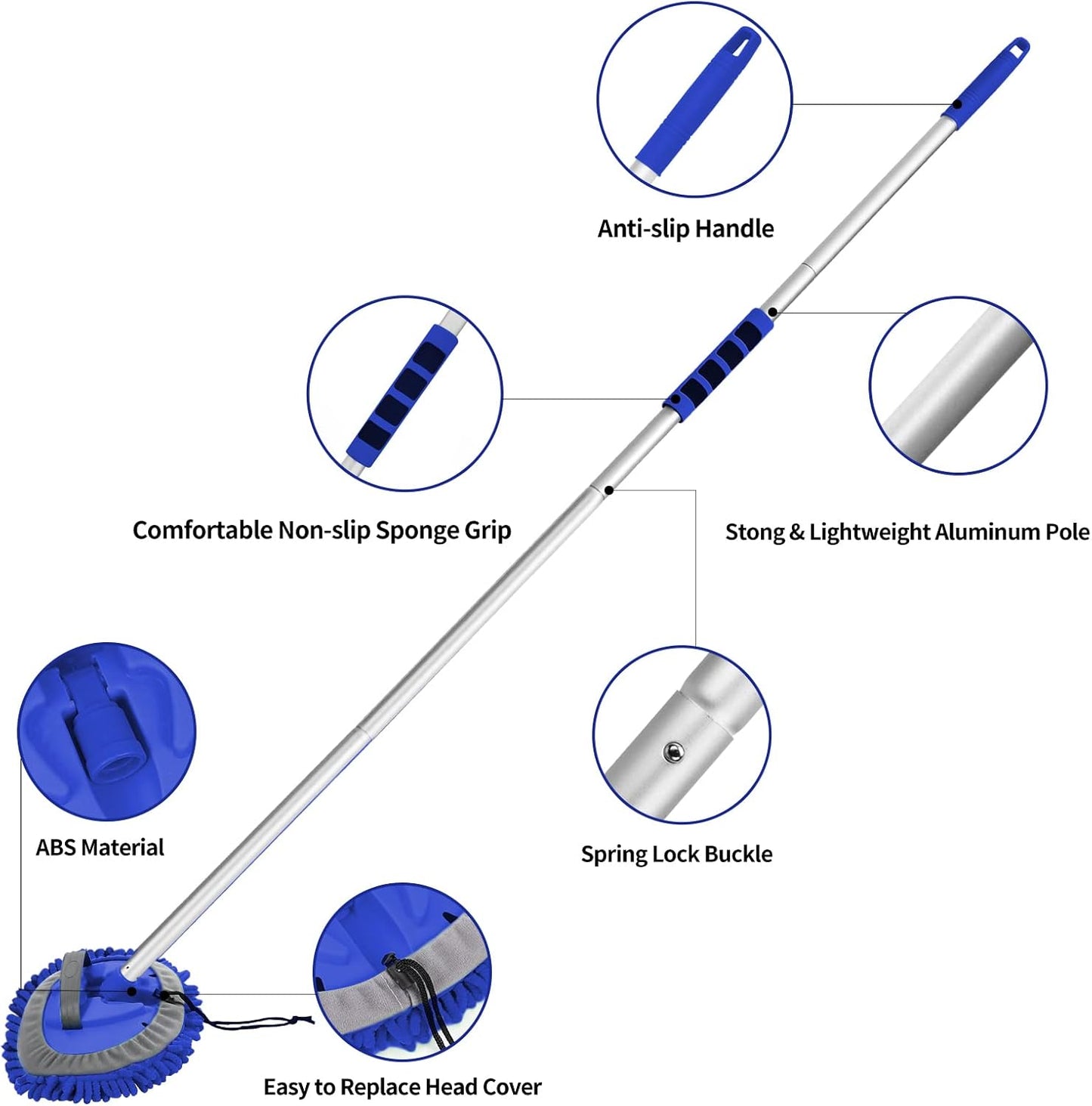 Wontolf 62'' Car Wash Brush with Long Handle Chenille Microfiber Car Wash Mop Mitt Kit Scratch-Free Car Detailing Cleaning Brush Care Kit with Replacement Head Supplies for Cars RV Truck Boat