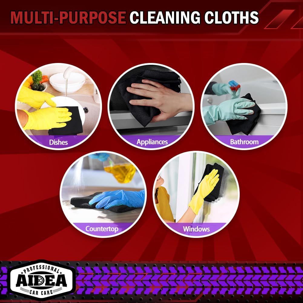 AIDEA Microfiber Cleaning Cloth Black 10PK, Microfiber Towels for Cars, Premium Wash Cloths, Dusting Cloth Lint Free Cleaning Rags for SUVs, House, Kitchen, Window, Cleaning Supplies12×12"