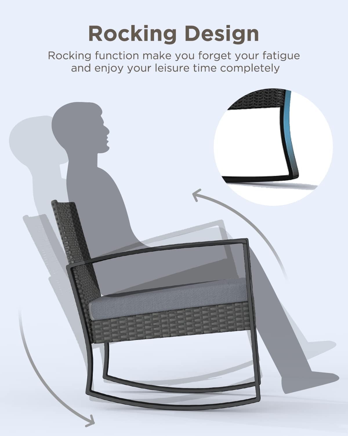 3 Pieces Outdoor Patio Furniture Set Rocking Bistro Set Outdoor Rattan Conversation with Coffee Table for Garden Balcony Backyard Poolside (Grey Cushion)