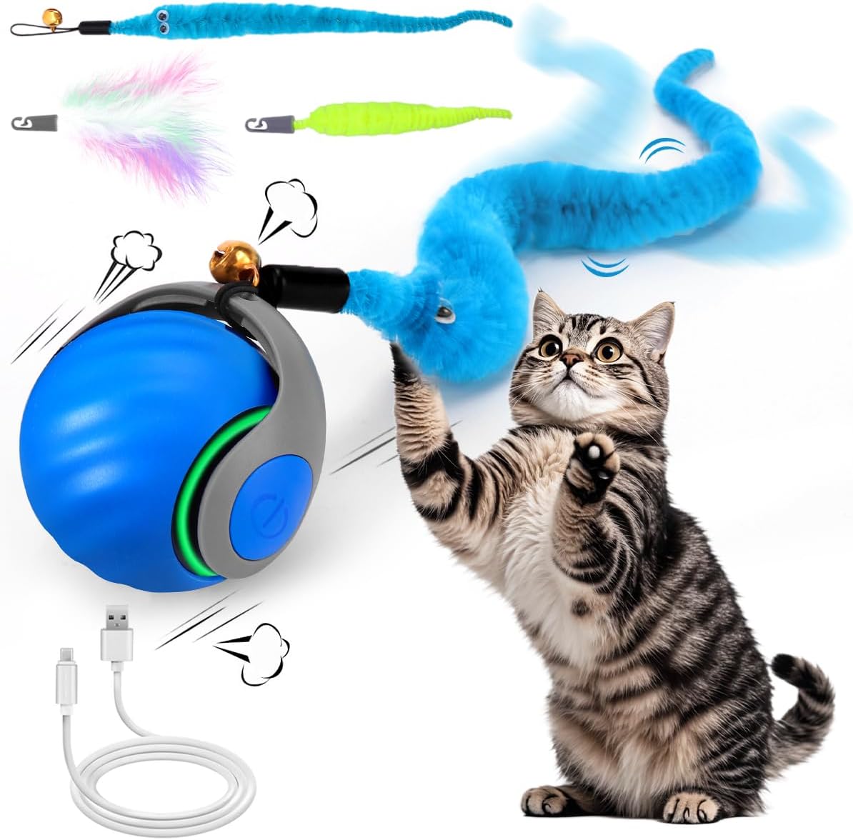 Interactive Cat Toy Ball - Speedy Cat Toys for Indoor Cats with Feather Tails for Chasing, Moving Stimulation Smart Cat Toy for Enrichment, Motion Activated Automatic Rolling Toys to Keep Them Busy