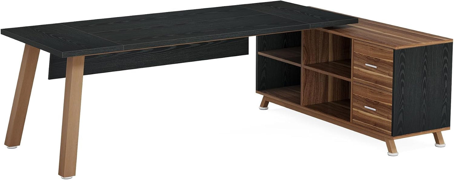 Tribesigns 78.7-Inch Executive Desk, L-Shaped Desk with 55-Inch Cabinet, Large Office Desk with Storage Shelves, Modern Computer Desk for Home Office, Black & Walnut